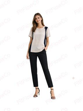 J.Crew Colorblock Blouse Size 10 Beige Navy Short Sleeve Minimalist Top